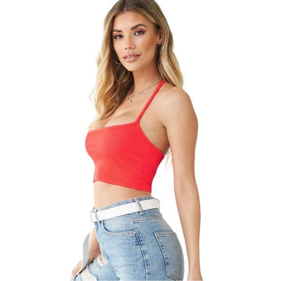 NWT Forever 21 Ribbed Coral Knit Tie Halter Crop Top Tank Top - Picture 8 of 8
